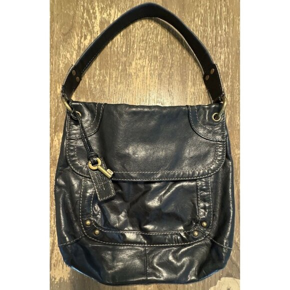 Vintage Fossil Boho Black Shoulder Bag Y2k Biker Hippie Pockets Key Tag Stitch - Picture 1 of 16